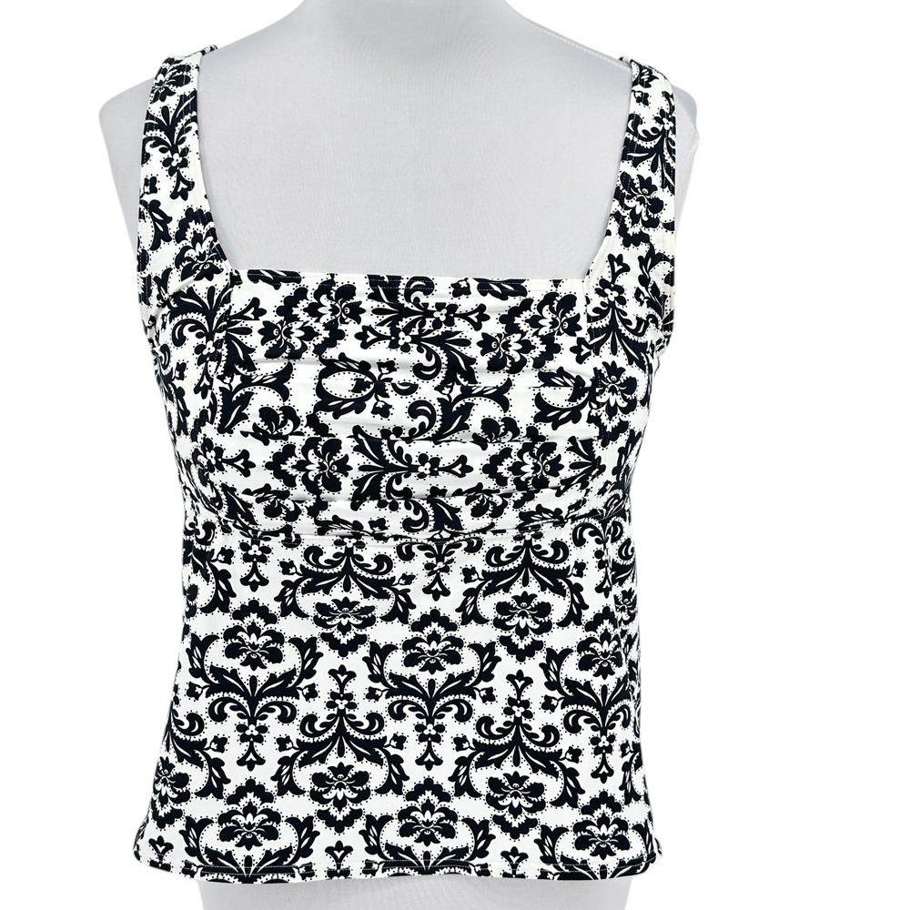 Lands' End Tankini Top Plus Size 14W Black White Damask‎ Swim Top Pleat Details